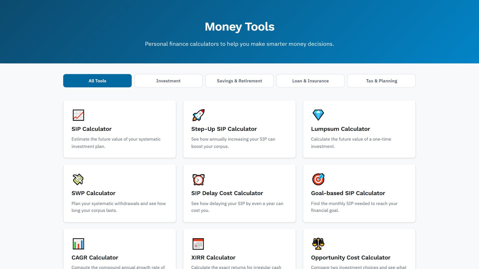 Money Tools homepage with category filters and a grid of personal-finance calculator cards including SIP, Lumpsum and CAGR.