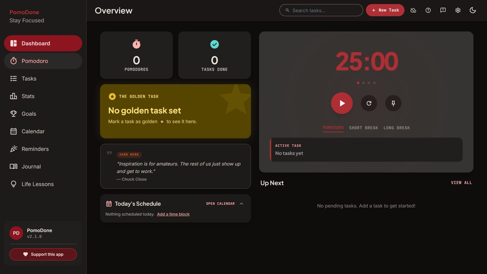 PomoDone dark dashboard with a 25-minute Pomodoro timer, daily pomodoro and task counters, the Golden Task card, a quote and today's schedule.