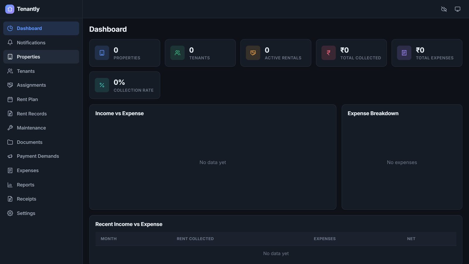 Tenantly dashboard with property, tenant, rental, collection and expense counters, an income-versus-expense chart and a sidebar of modules from Properties to Receipts.